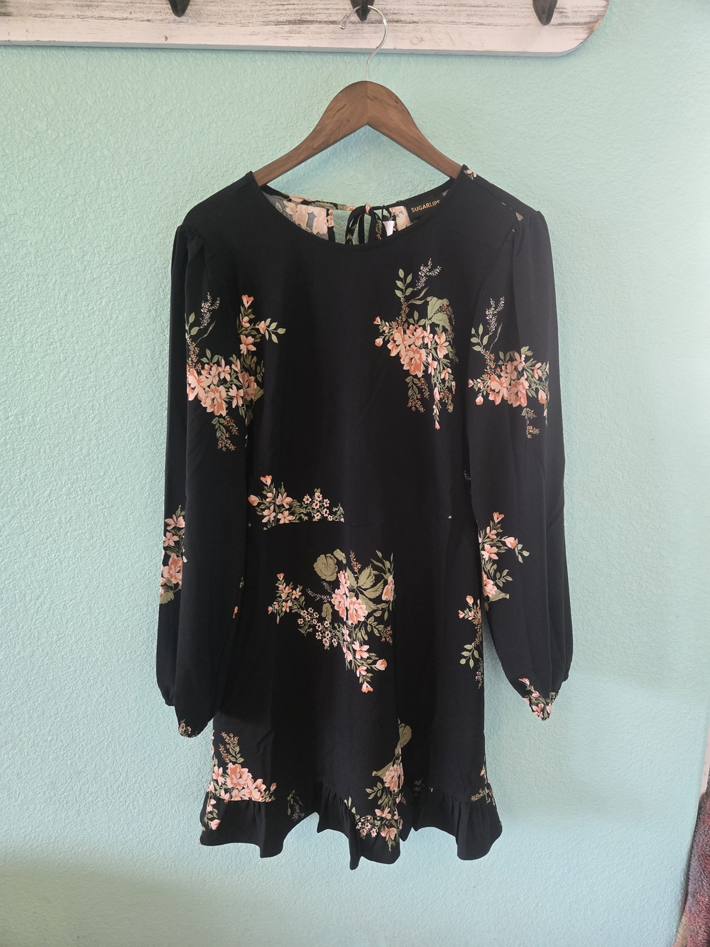 Sugarlips Black Long Sleeve Floral Mini Dress with Pink Blooms